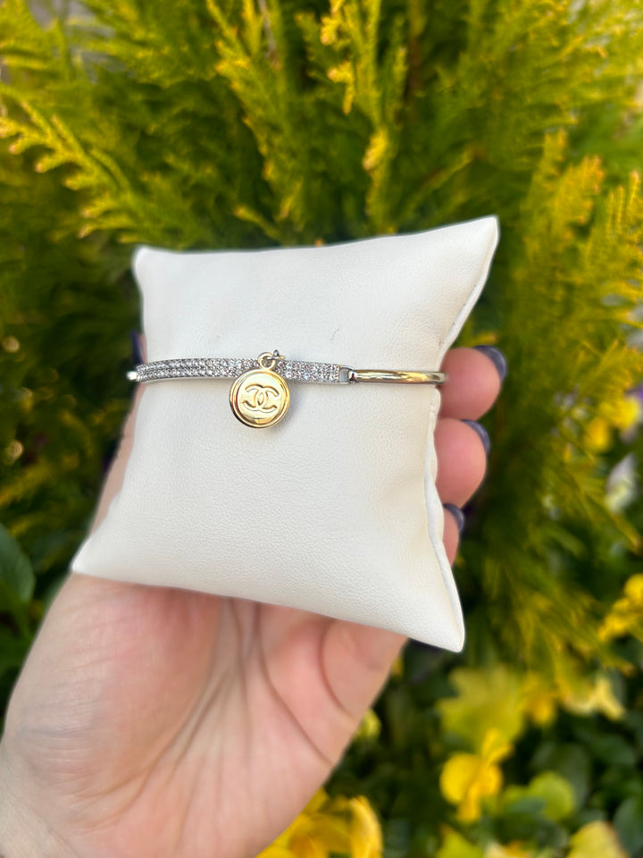 Silver Diamond Bangle with Gold CC Charm