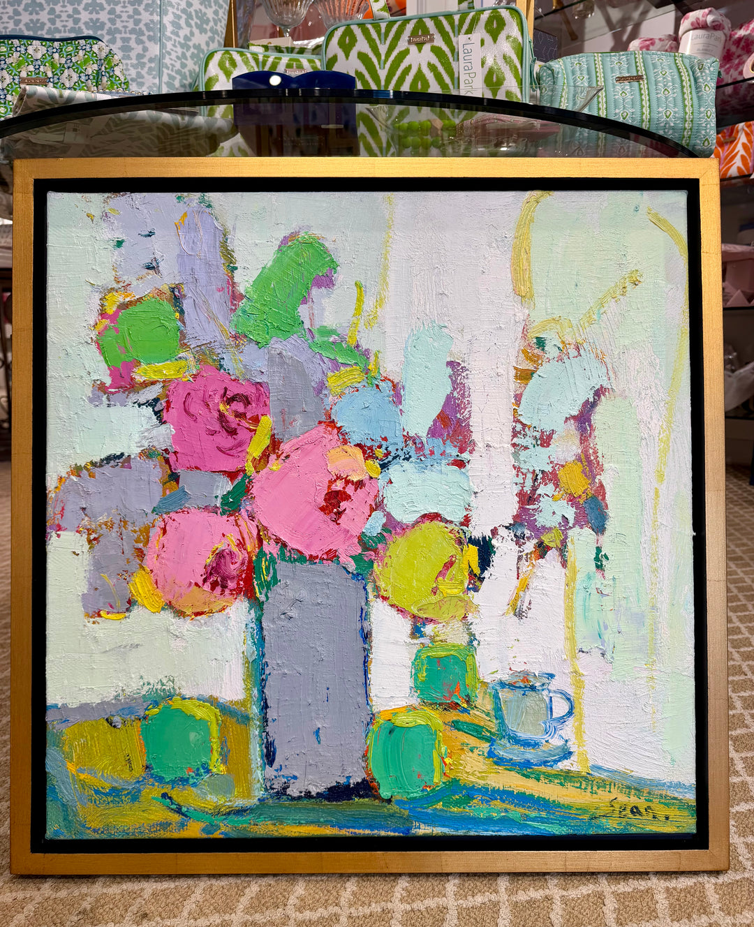 26x26 Original Floral Abstract Framed Art (Pink Florals)