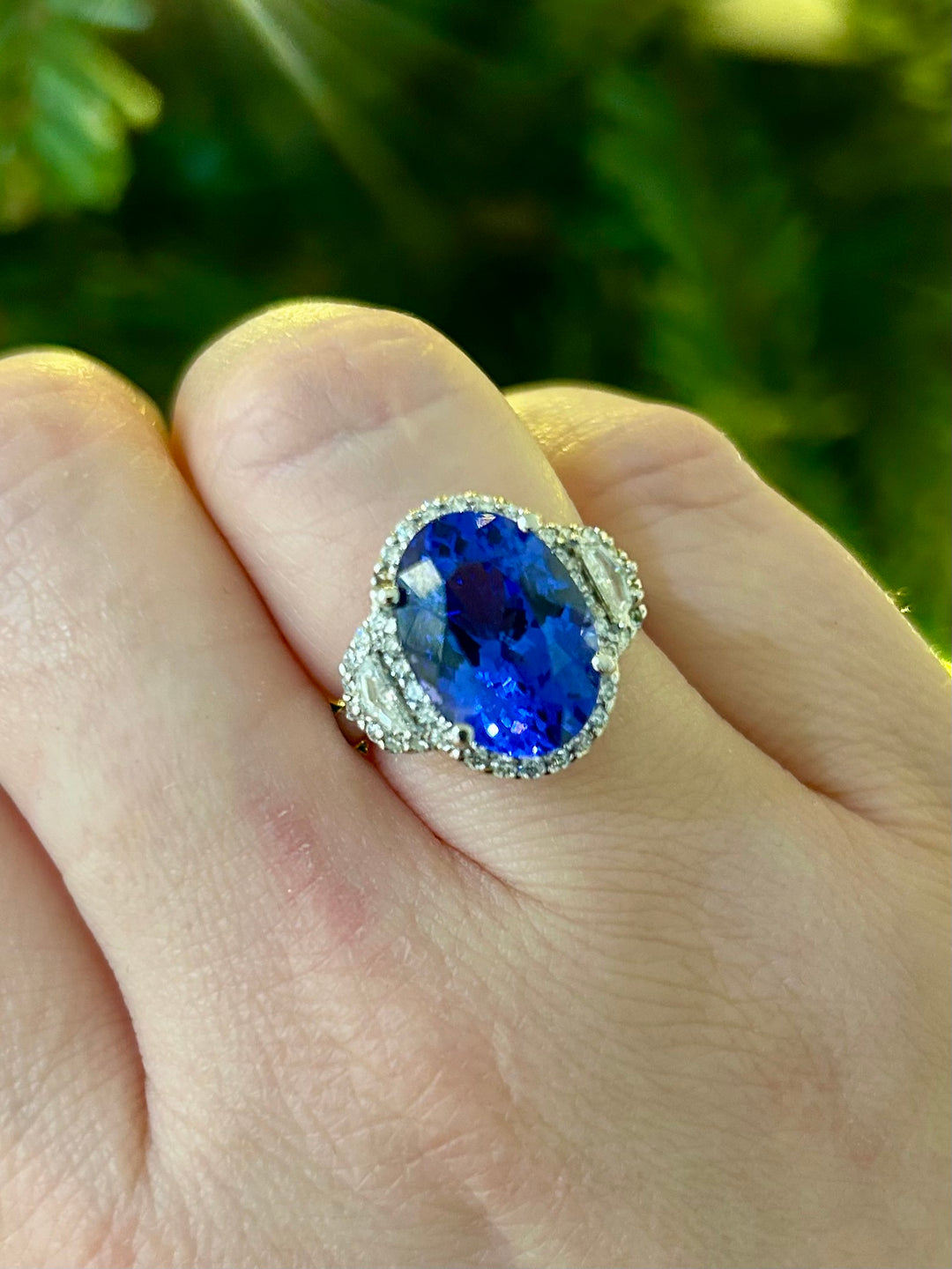 14k W/G Oval Tanzanite Three Stone Diamond Ring