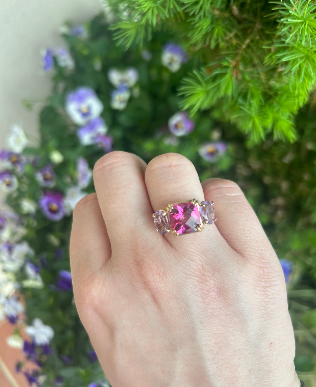 14kt 3 Stone Ring Pink Topaz & Lavender Amethyst