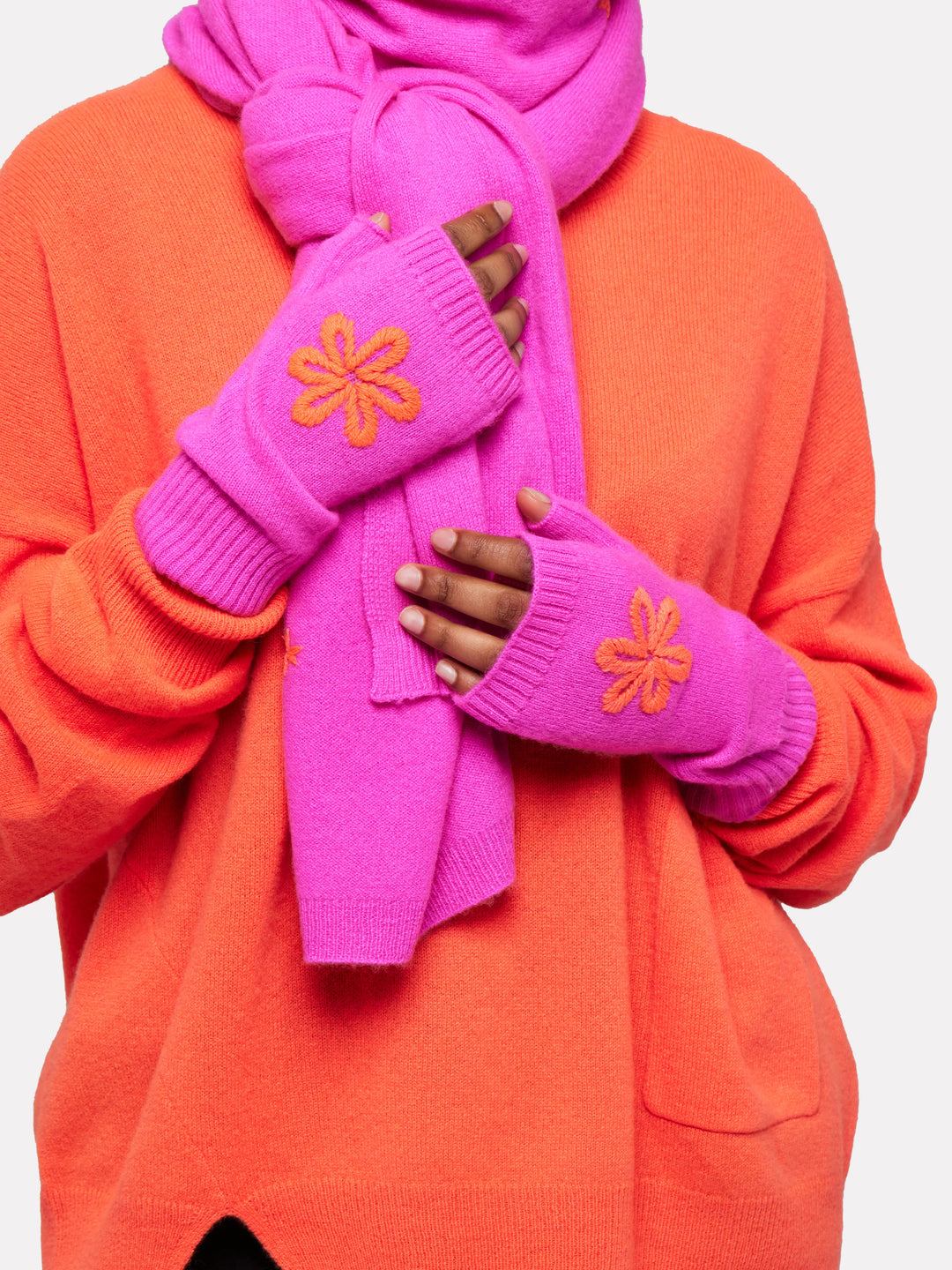 Embroidery Flower Mitten | Sassy Pink & Hot Coral