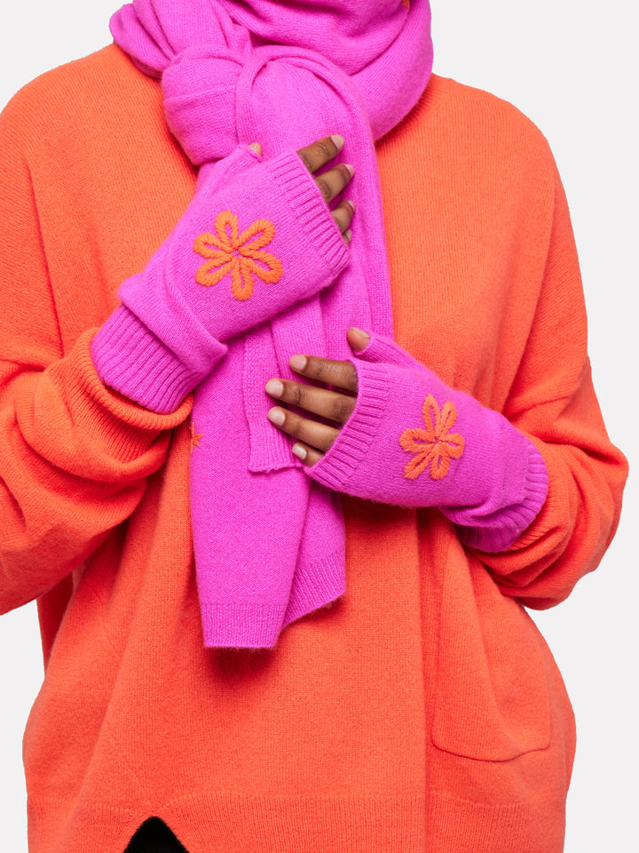 Embroidery Flower Mitten | Sassy Pink & Hot Coral