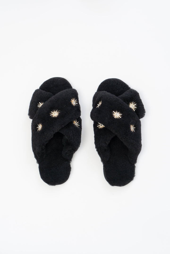 Sheepskin Slippers with Rhinestone | Black