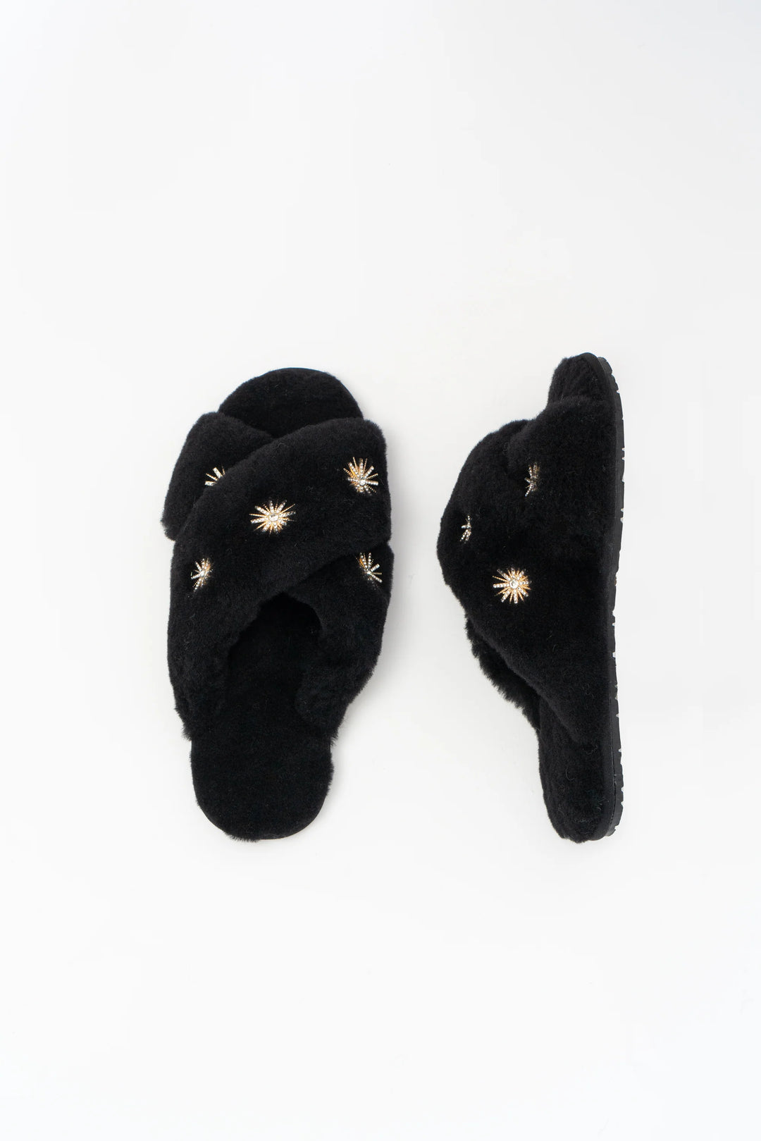 Sheepskin Slippers with Rhinestone | Black