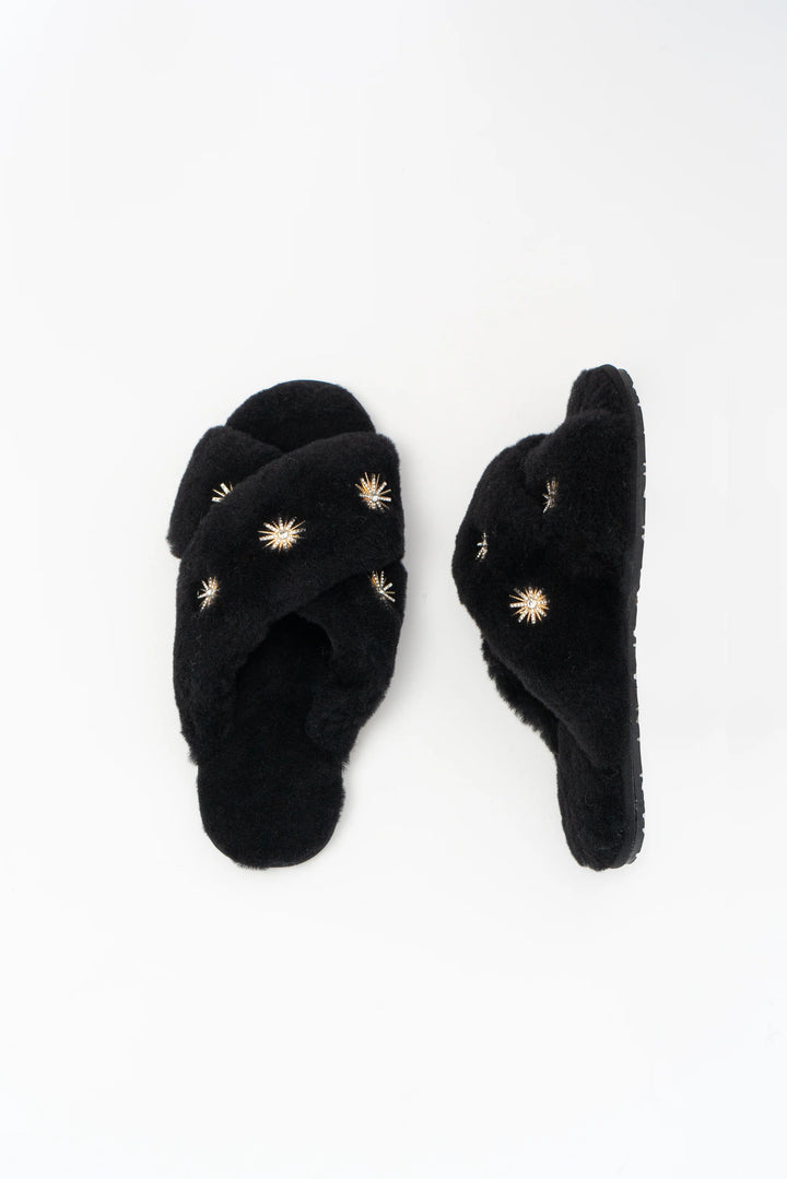 Sheepskin Slippers with Rhinestone | Black