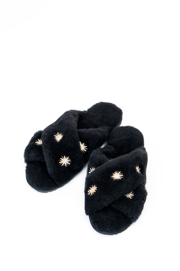 Sheepskin Slippers with Rhinestone | Black