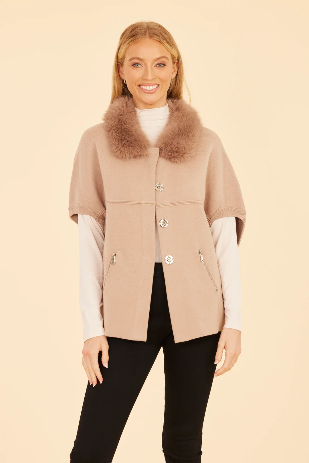 Faux Fur Trim Cardigan | Taupe