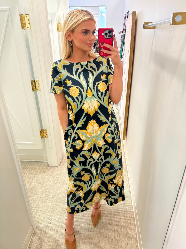 Adria Reversible Midi Dress | Blue/Gold Garden