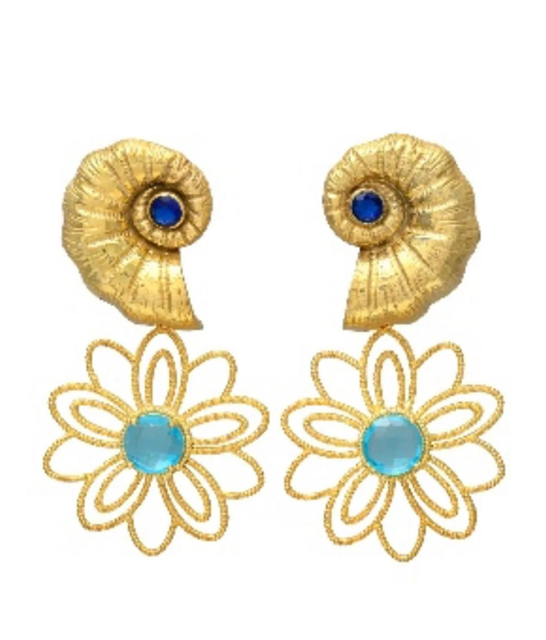 Seashell + Flower Gemstone Earrings | Blue