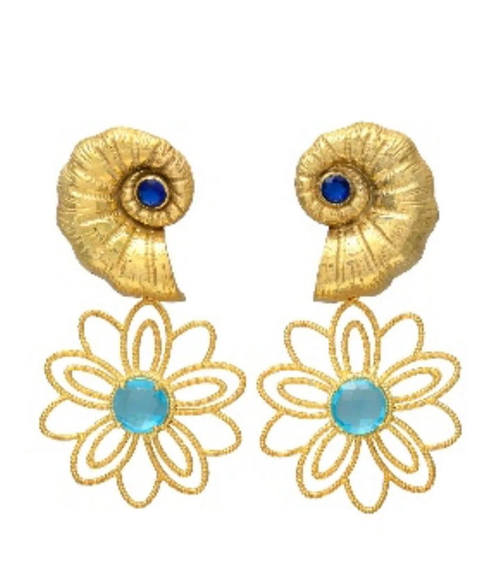 Seashell + Flower Gemstone Earrings | Blue