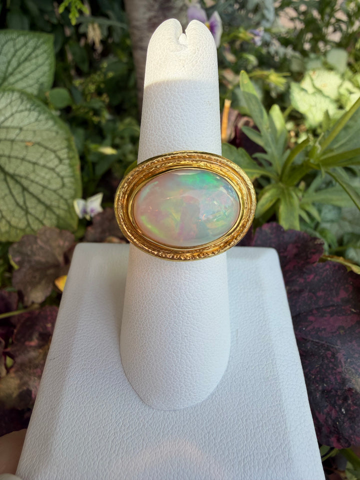 14kt Yellow Gold Opal Hammered Oval Ring