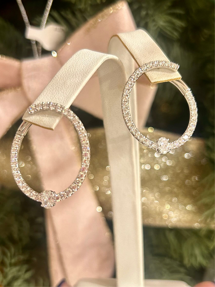14kt White Gold Sideways Oval Hoop Earrings 2.44ct Diamonds