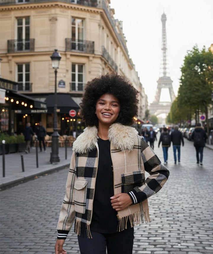 Checked Wool Bomber with Fringes