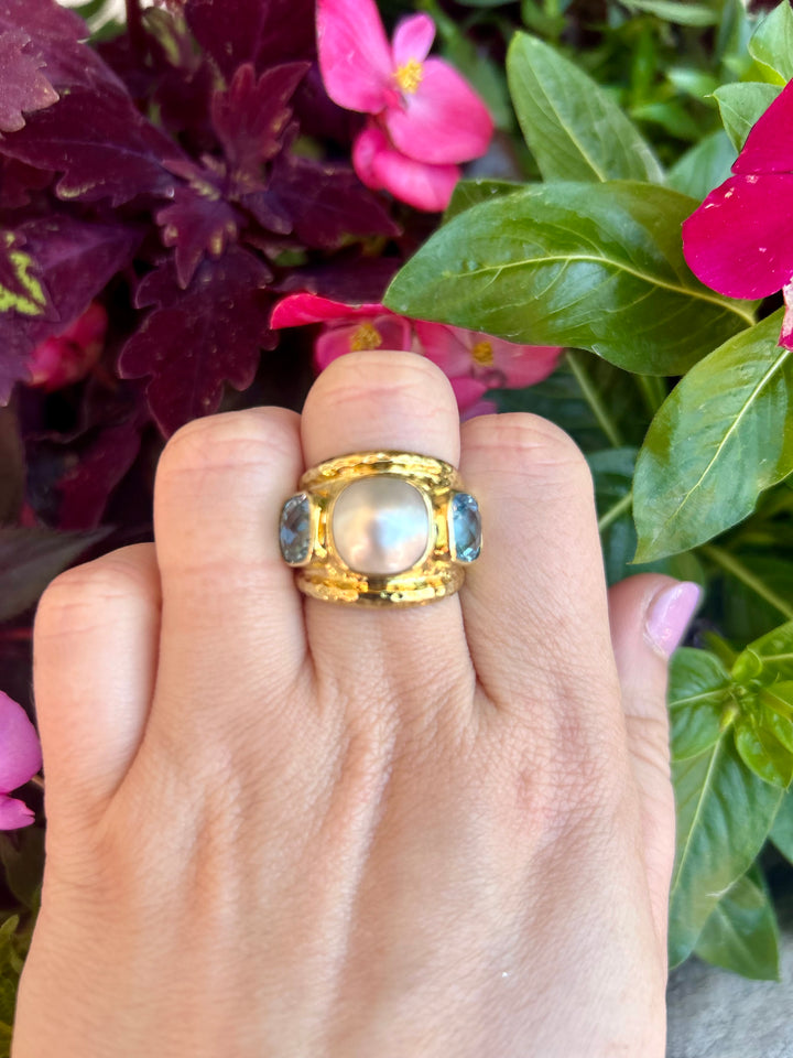14kt Mabe Pearl Sky Blue Topaz Ring