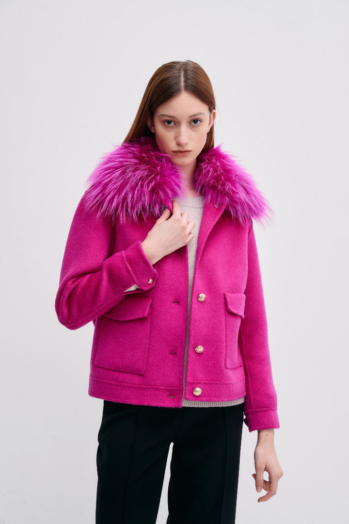 Cashmere Bomber Jacket with Detachable Fur Collar | Glow Pink