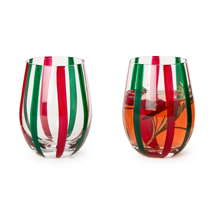 Striped Stemless Wine Glasses | Red & Green