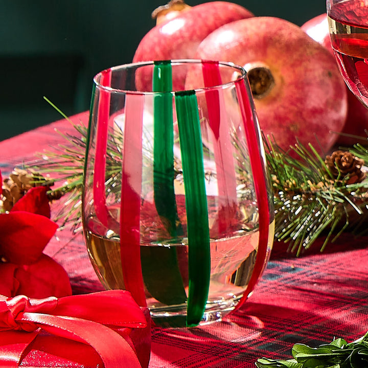 Striped Stemless Wine Glasses | Red & Green