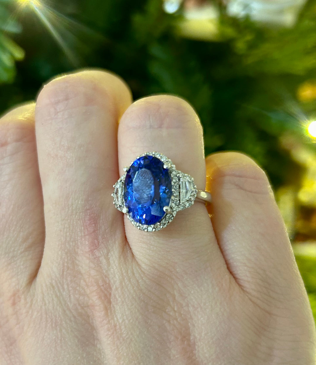 14k W/G Oval Tanzanite Three Stone Diamond Ring