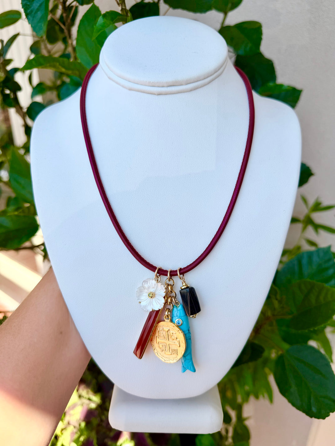 Mirabella Burgundy Cord Multi Charm Necklace