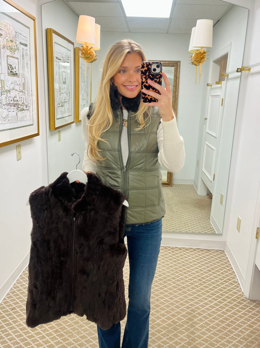 Genuine Rex Rabbit  Reversible Zip Vest | Olive Green