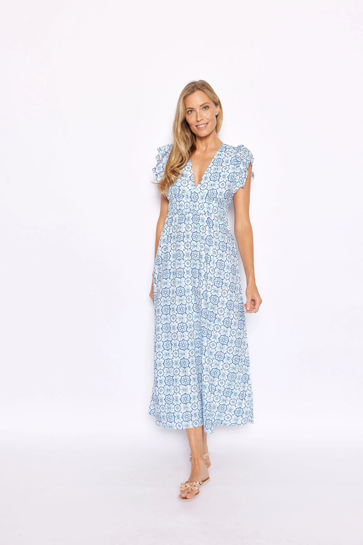 V-Neck Flutter Sleeve Maxi Dress | Blue Medallion