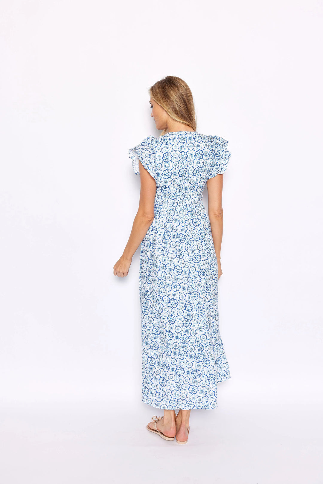 V-Neck Flutter Sleeve Maxi Dress | Blue Medallion