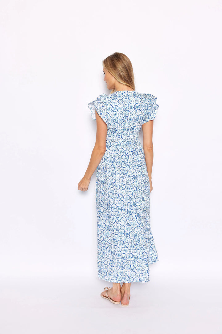 V-Neck Flutter Sleeve Maxi Dress | Blue Medallion