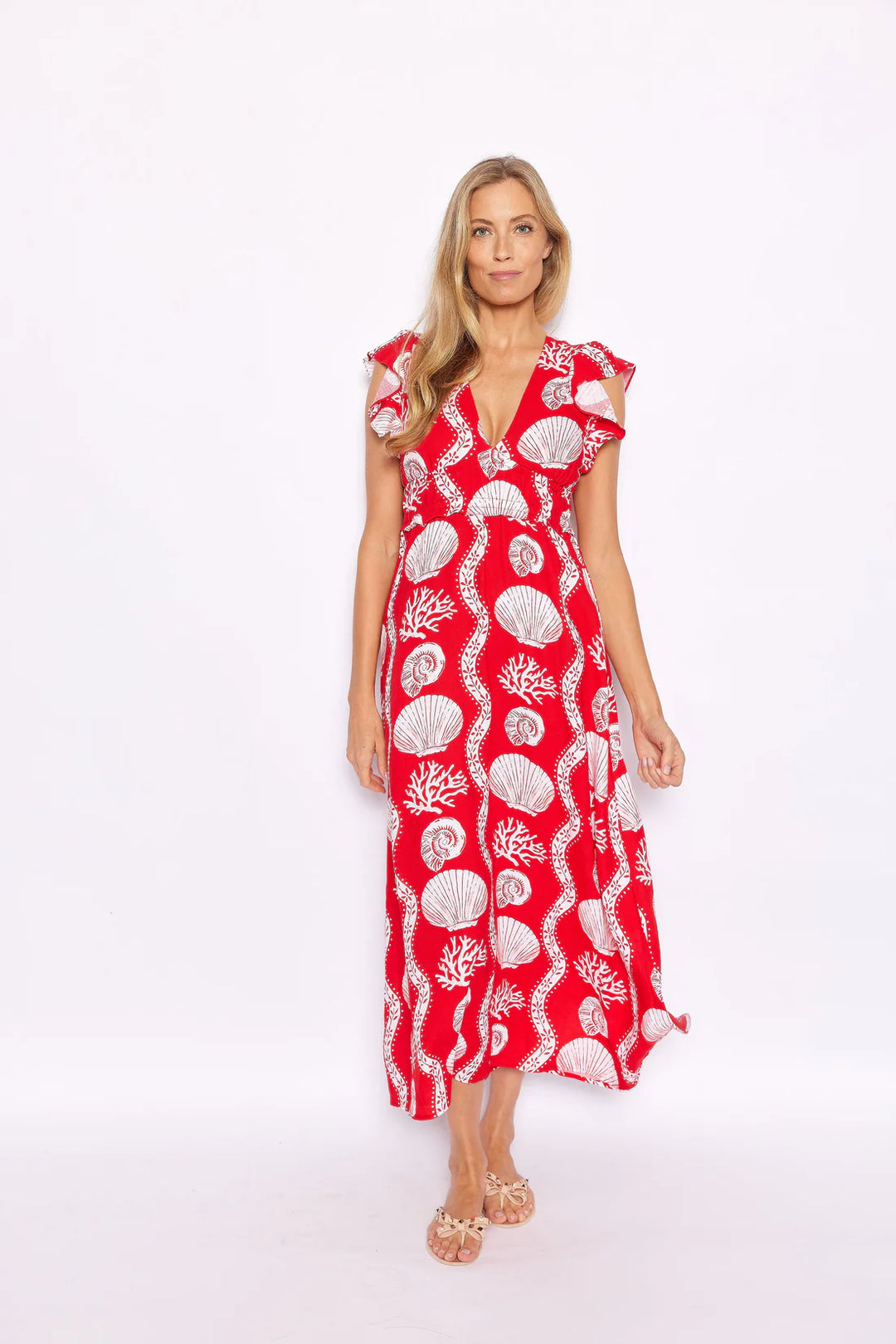 V Neck Flutter Sleeve Maxi | Sea Stripe Red