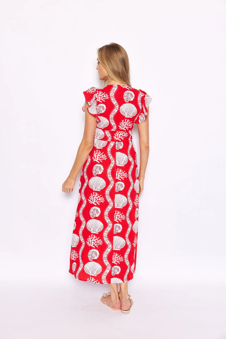 V Neck Flutter Sleeve Maxi | Sea Stripe Red