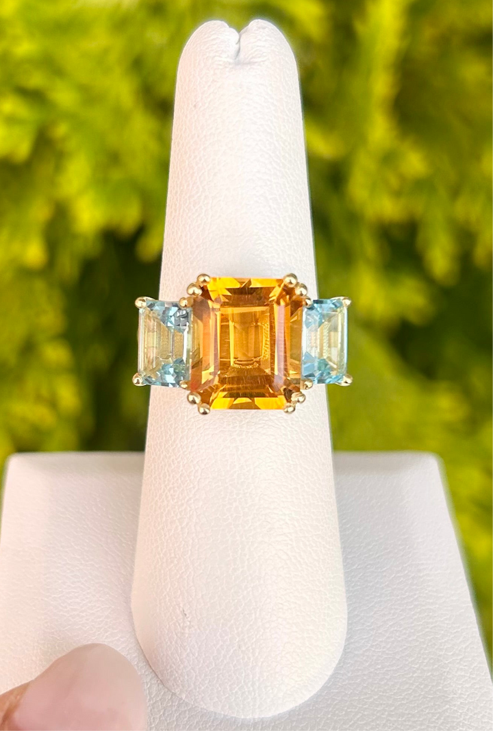 RZ7560 3 Stone Ring with Citrine & Blue Topaz