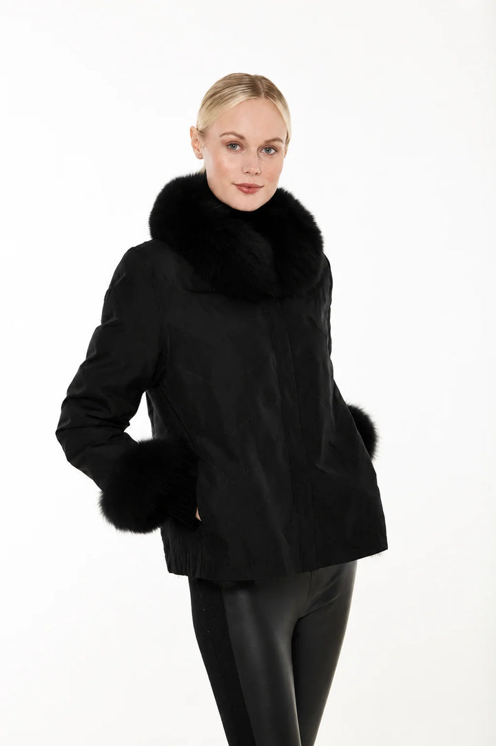 Genuine Fox Fur Chevron Coat | Black