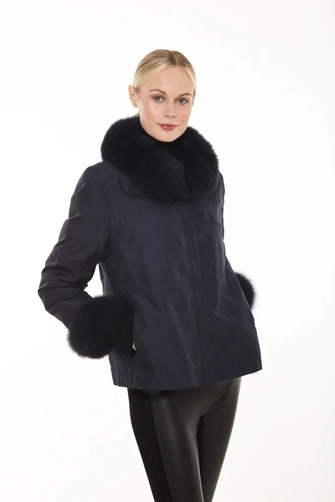 Genuine Fox Fur Chevron Coat | Navy