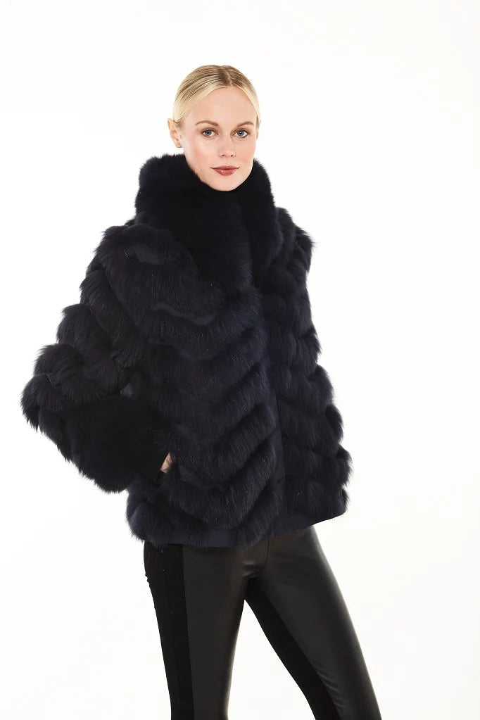 Genuine Fox Fur Chevron Coat | Black