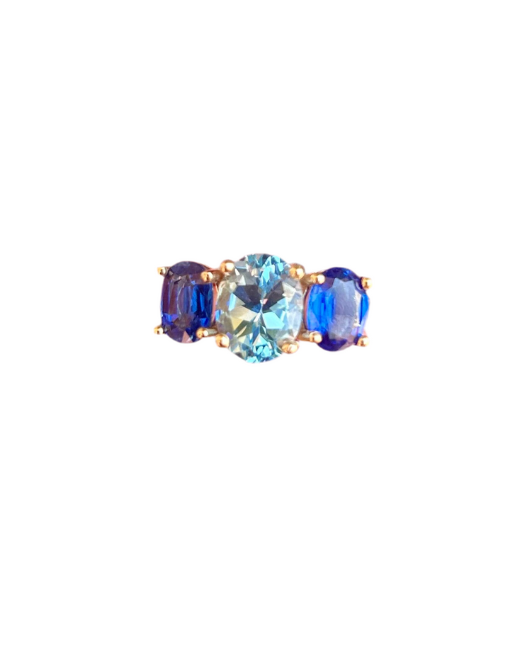 14kt 3 Stone Ring with Sky Blue Topaz & Kyanite