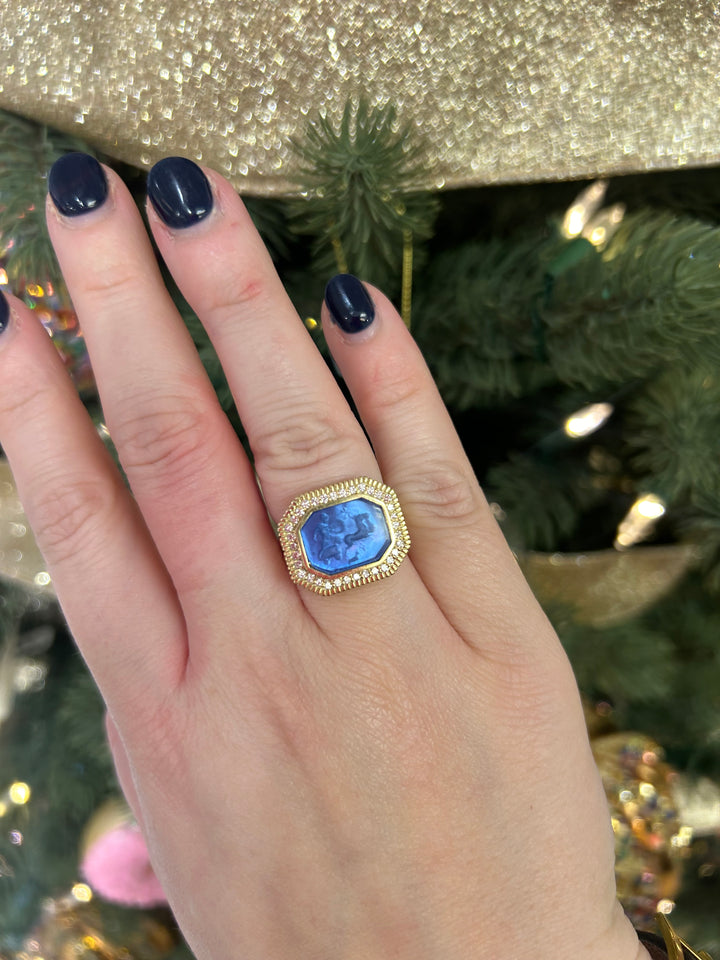 14kt Blue Venetian Glass Ring .34pts Dia