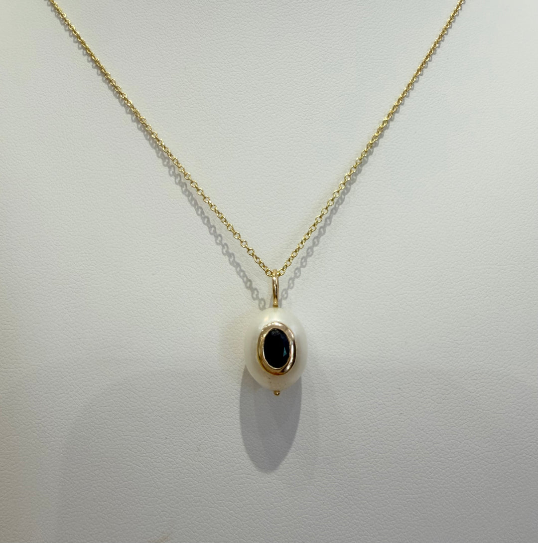 14kt Small White Oval Pearl Charm with Stone