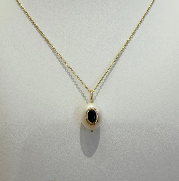 14kt Small White Oval Pearl Charm with Stone