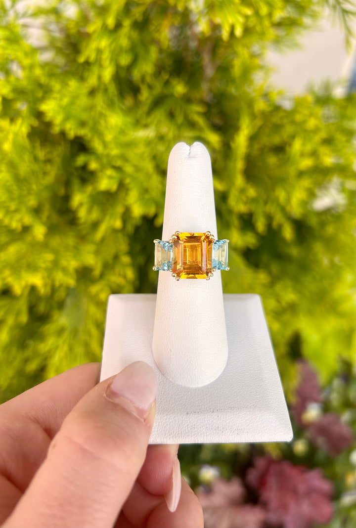 RZ7560 3 Stone Ring with Citrine & Blue Topaz