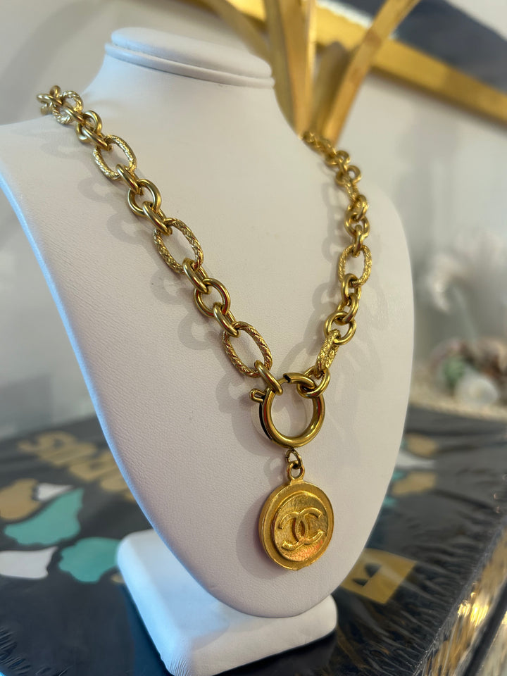 Gold Paperclip Chain with circle CC Charm