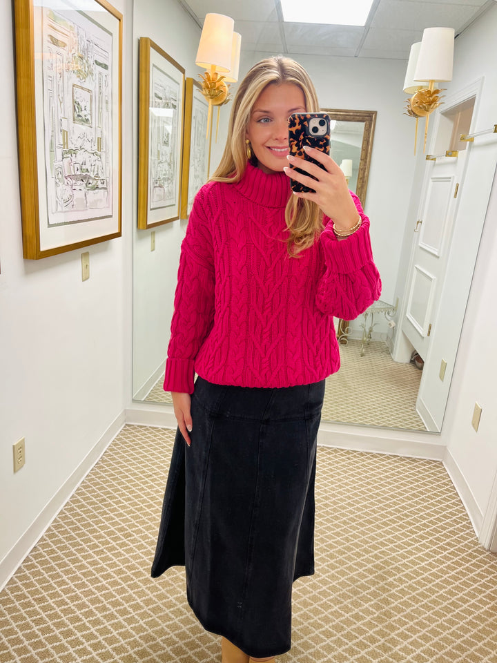 Cable Knit Turtleneck | Raspberry