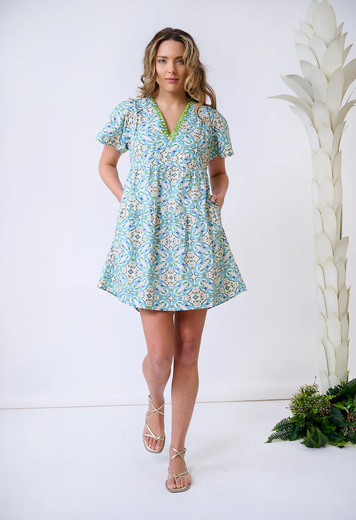 Harper Deep V Mini Dress | English Tile