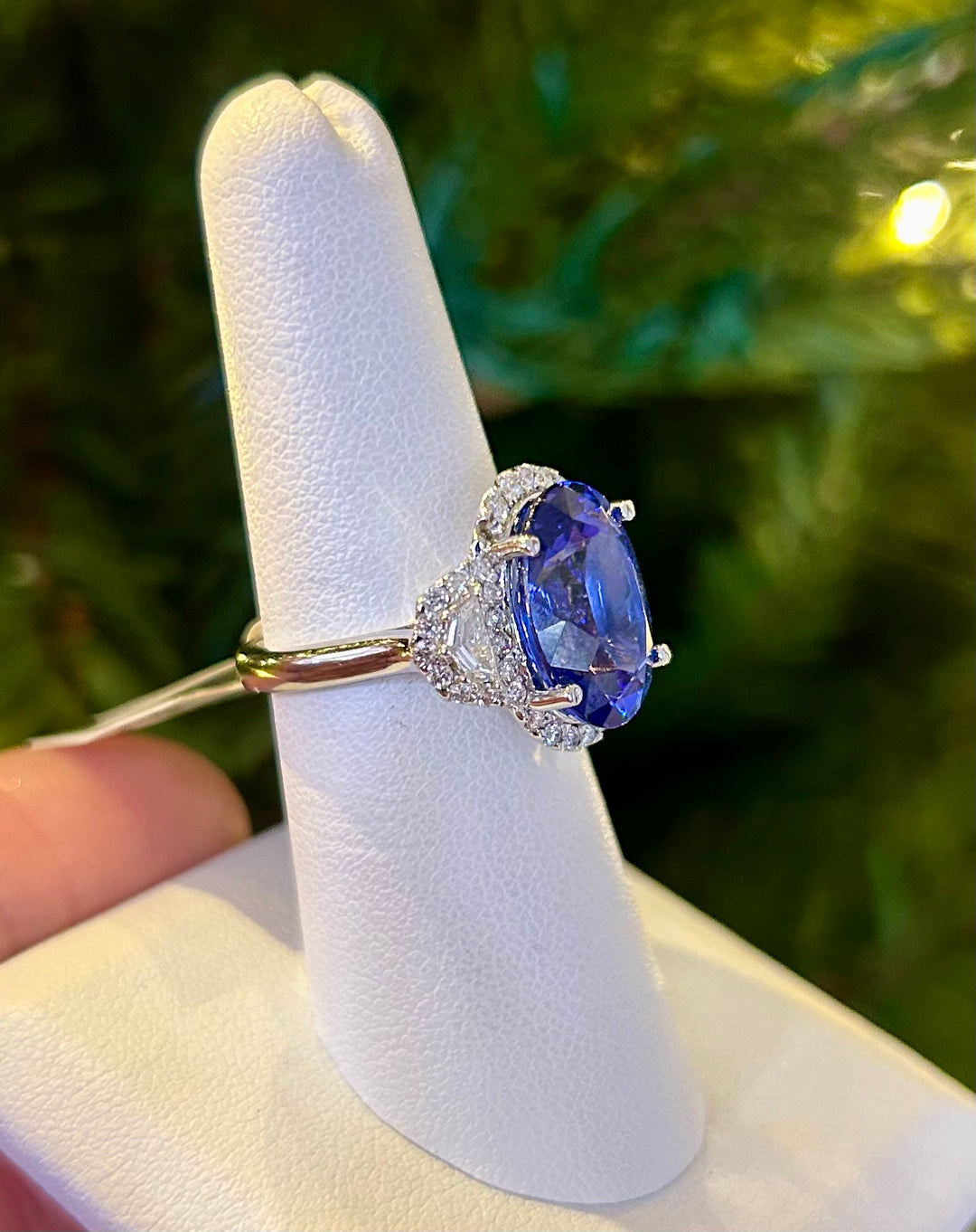 14k W/G Oval Tanzanite Three Stone Diamond Ring