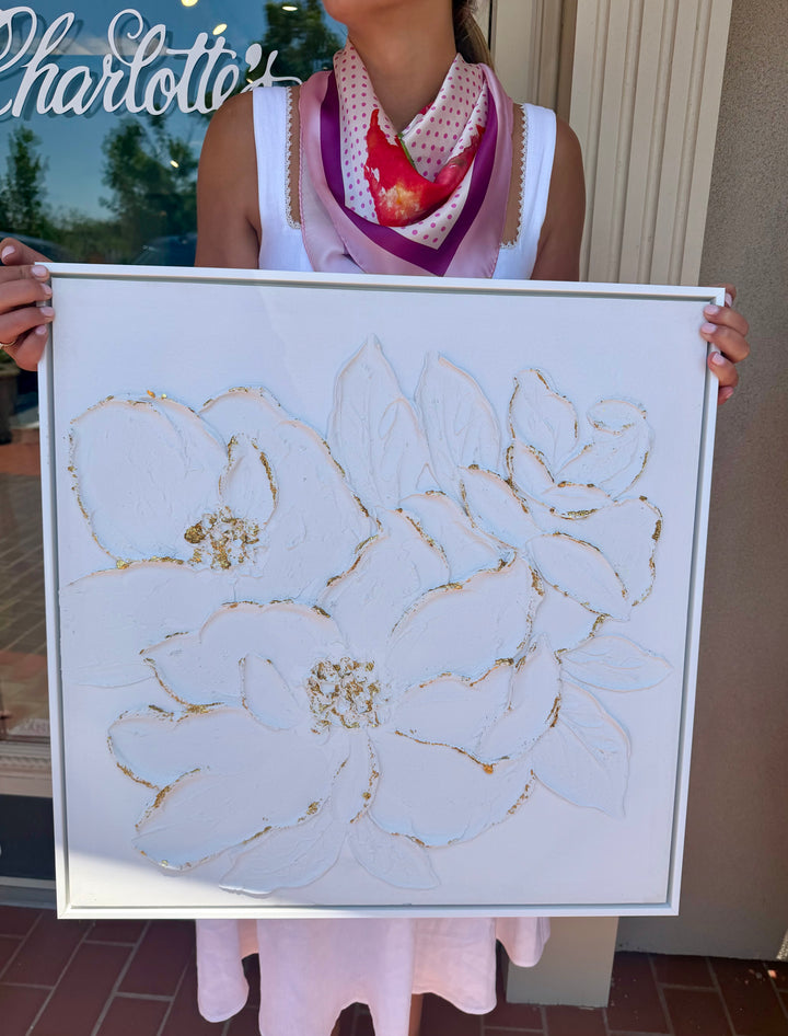 White Florals with Gold Accent Textured Plaster Wall Art