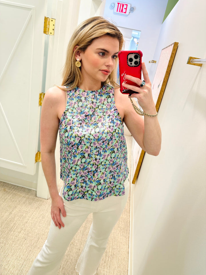 Loto Metallic Linen Top | Meadow Print