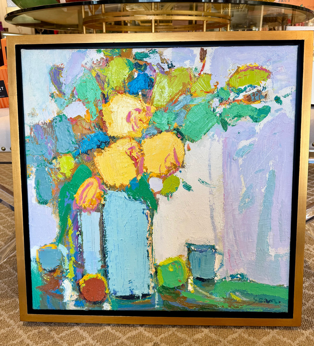 26x26 Original Floral Abstract Framed Art (Yellow Florals)