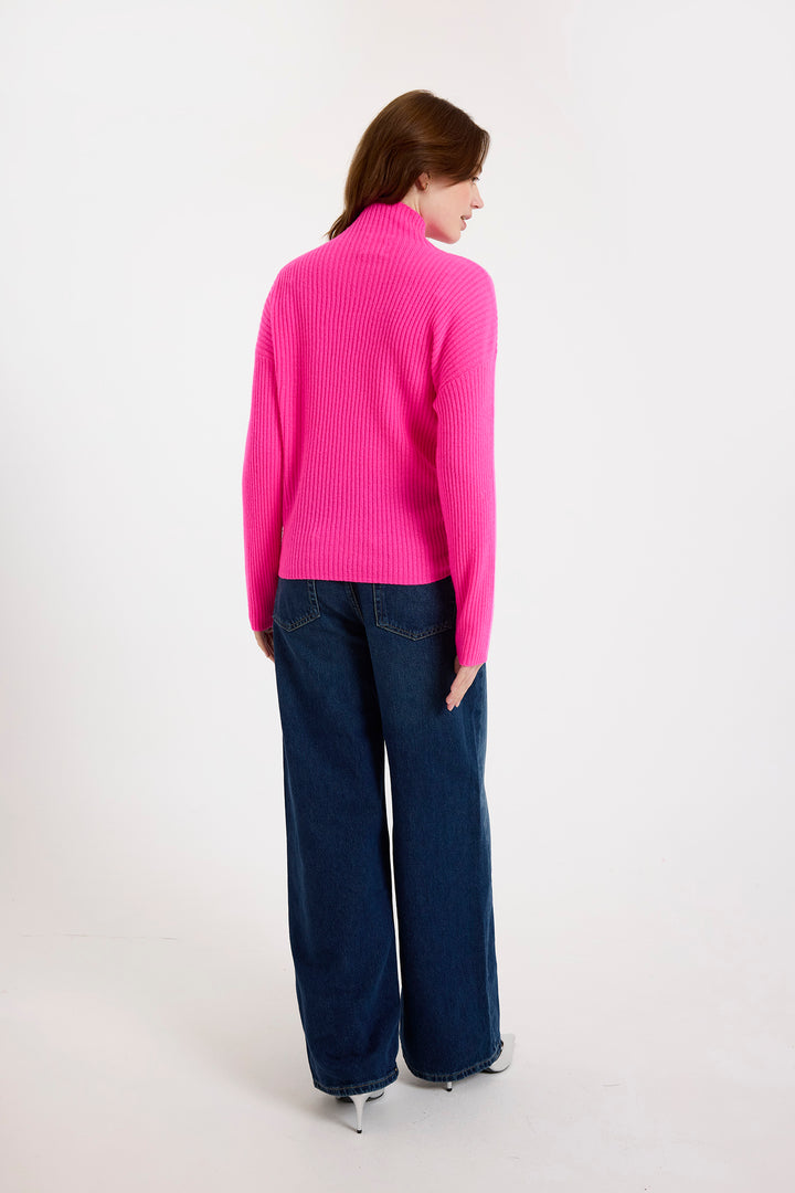 Rouched High Neck Sweater | Diva Pink