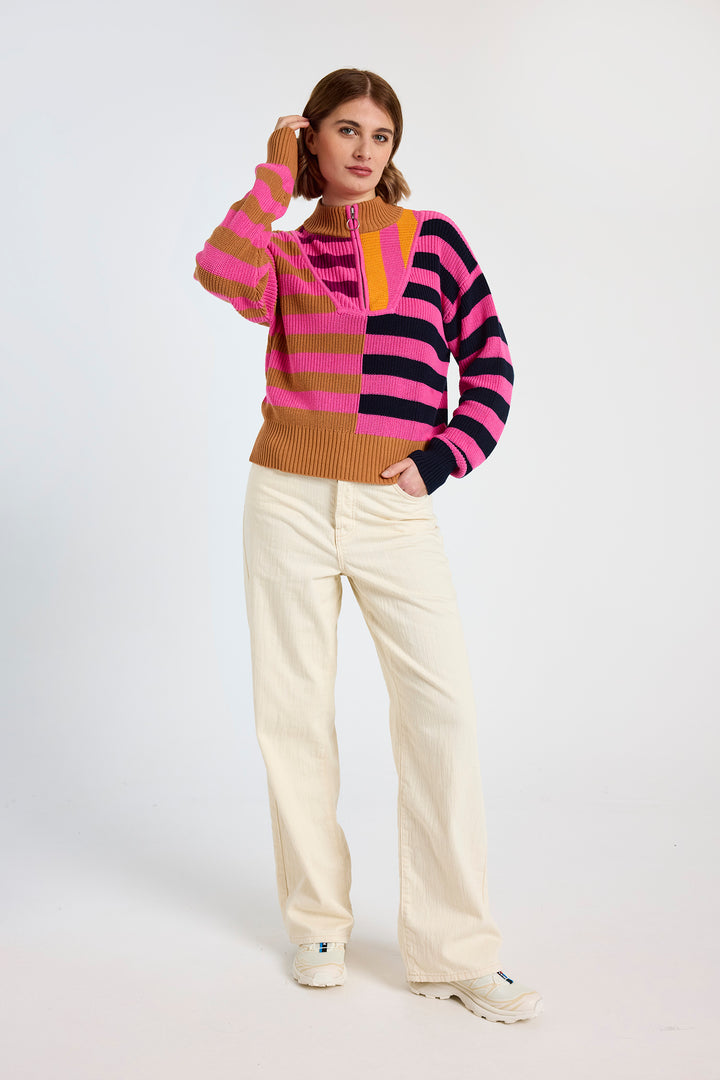 Mixed Stripe Half Zip Sweater | Caramel