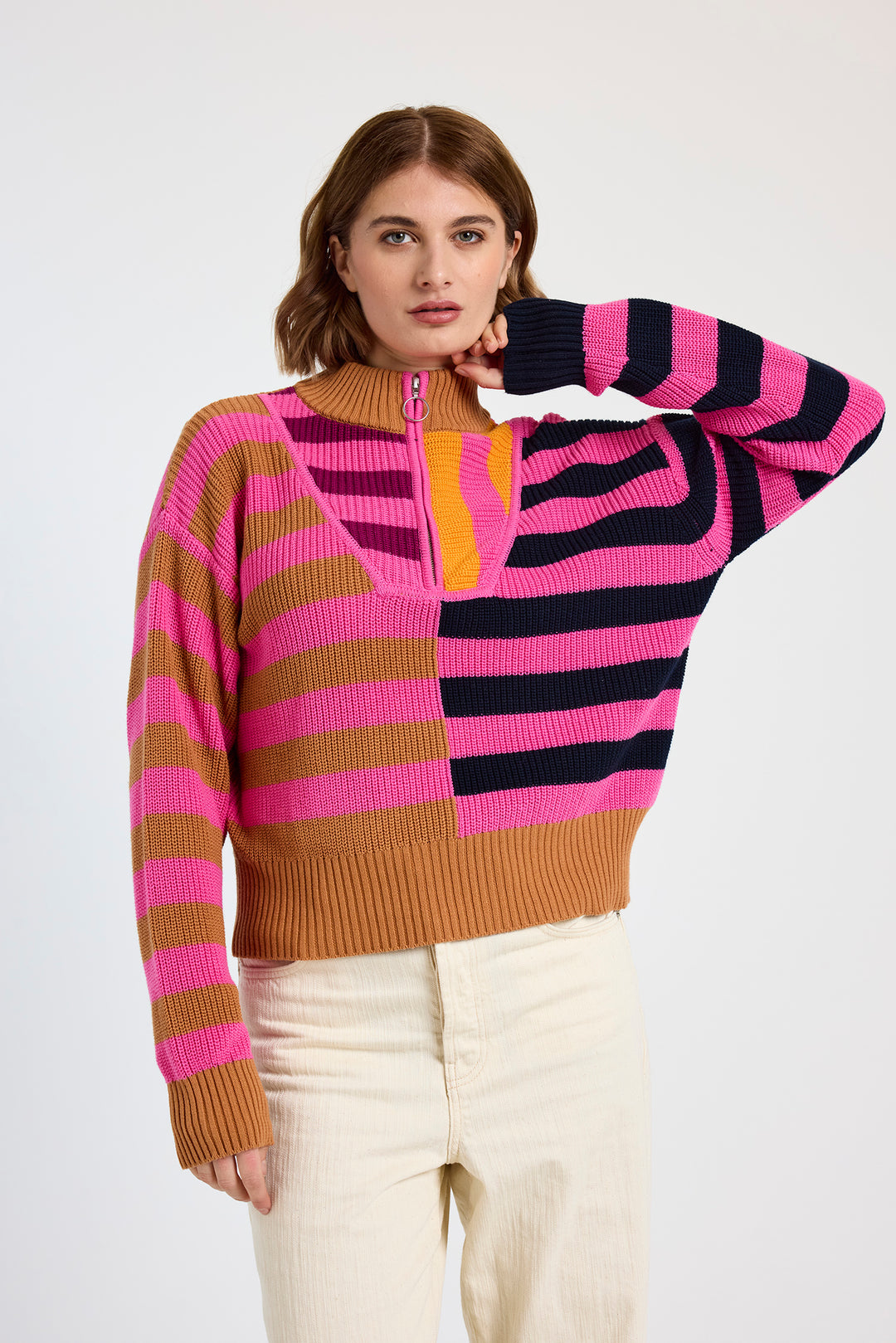 Mixed Stripe Half Zip Sweater | Caramel