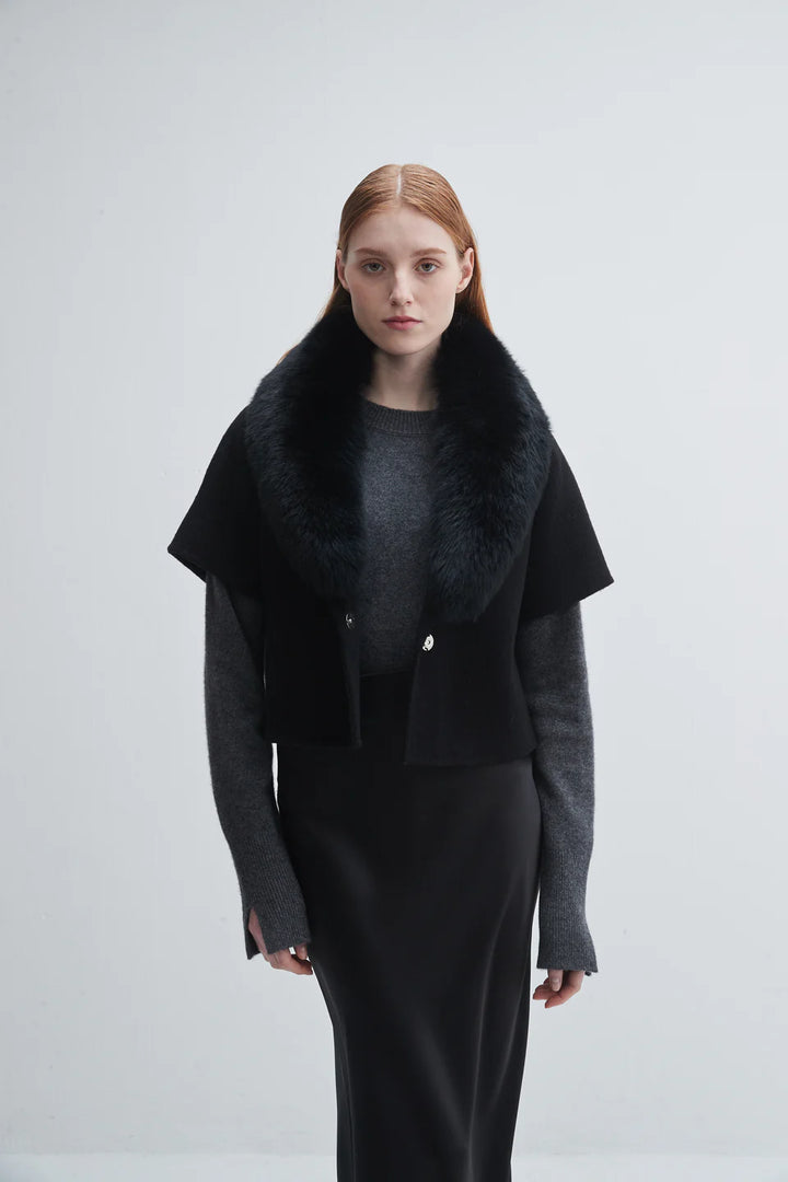 Short-Sleeve Jacket with Fur Collar | Black