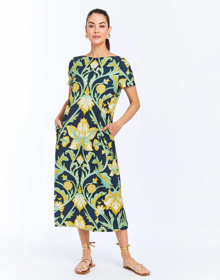 Adria Reversible Midi Dress | Blue/Gold Garden